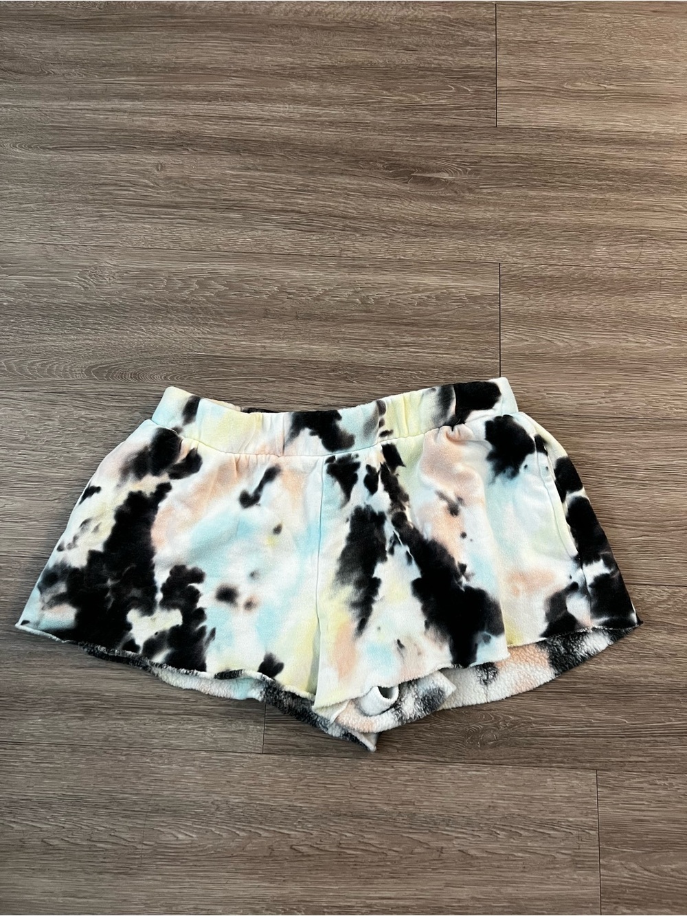 Colsie Plush Tie-Dye Athletic Shorts - Black, Pastel Blue & Pale Yellow